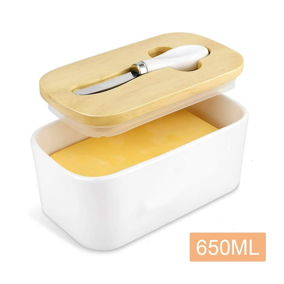 Porcelain Airtight Butter Dish -Also Keeper for Cream Cheese Dishwasher Safe Candy Foods Salad Red Spots Cake Butter Dish with Lid and Butter Cutter